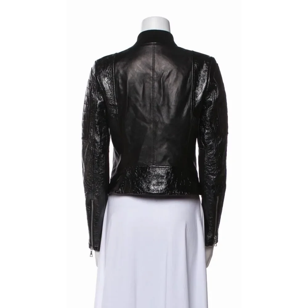 Theory Shezi Lamb Leather Moto Jacket Black Patent Crackled Zip M